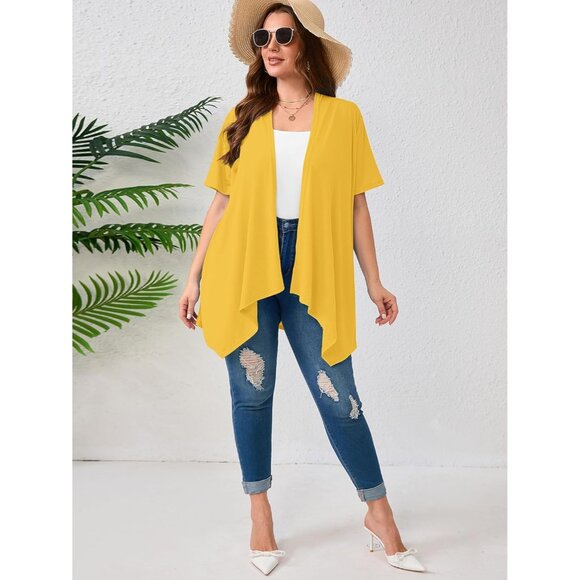 Women's Plus Size Lightweight Open Front Cardigan Short Sleeve Cover Ups - Picture 5 of 6
